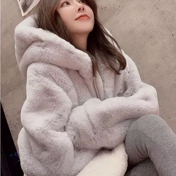 Fur coat gray zipper hoodie jacket womens pocket fuzzy faux fur hoodie - Picture 6 of 11